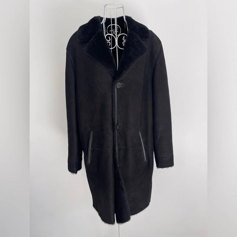 Nig’s exclusive Men's Shearling Coat Jacket Leather/Suede pockets black size S